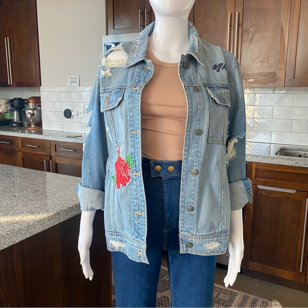Hidden Embroidered Distressed Denim Jean Jacket - Women. Size XS